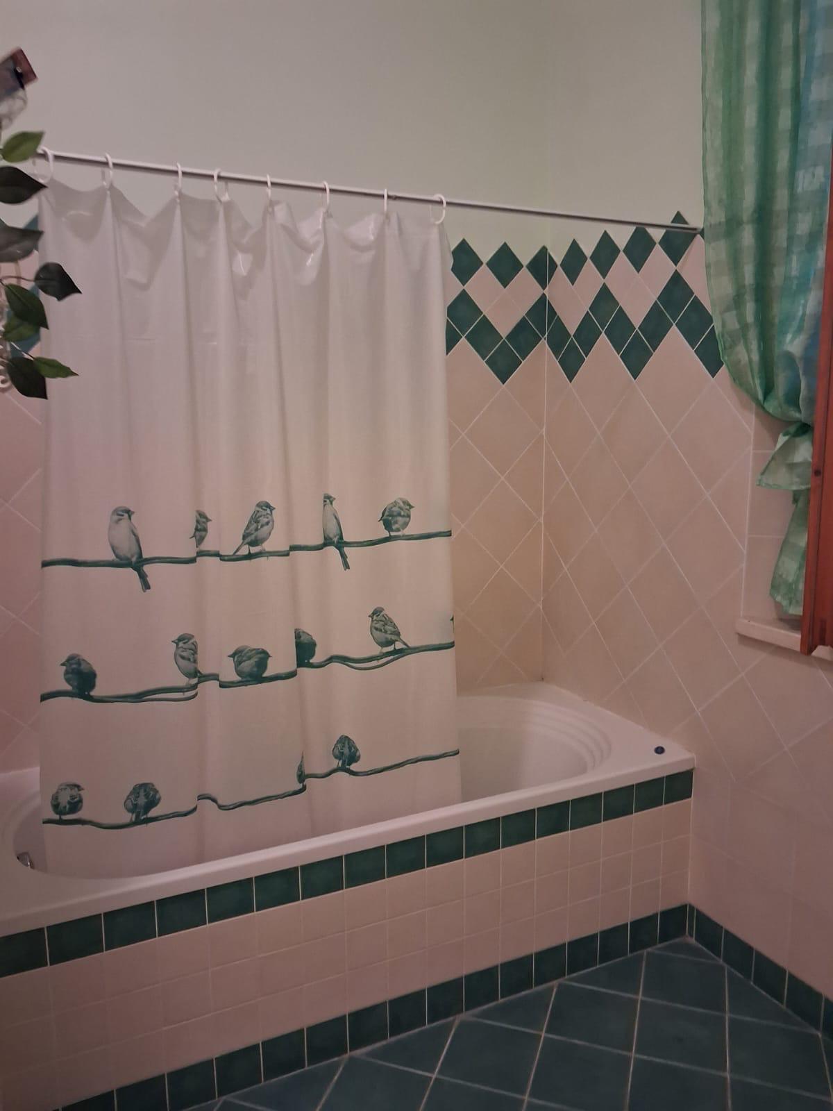 Vasca da bagno con tenda decorata a uccellini nel bagno dell'appartamento a Montopoli in Val d'Arno.